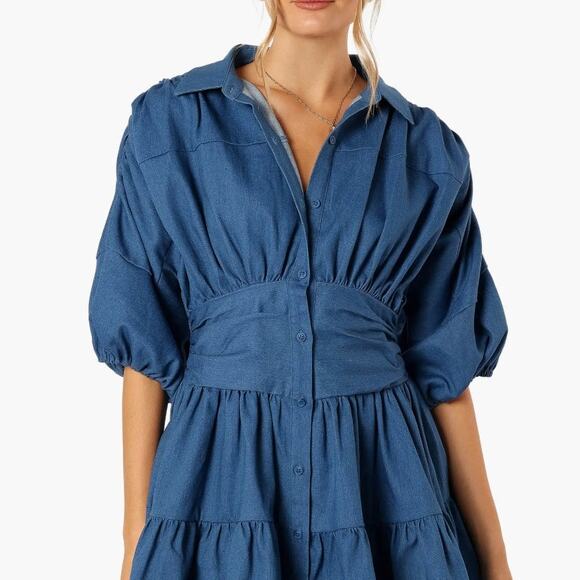 Petal + Pup Francis Denim Gathered Balloon Sleeve Tiered Flare Mini Dress - Picture 2 of 16